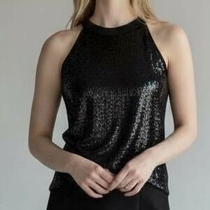 TRISTAN Sequin‎ Halter Neck Tank Top Black Silver Sparkle Party Evening Small